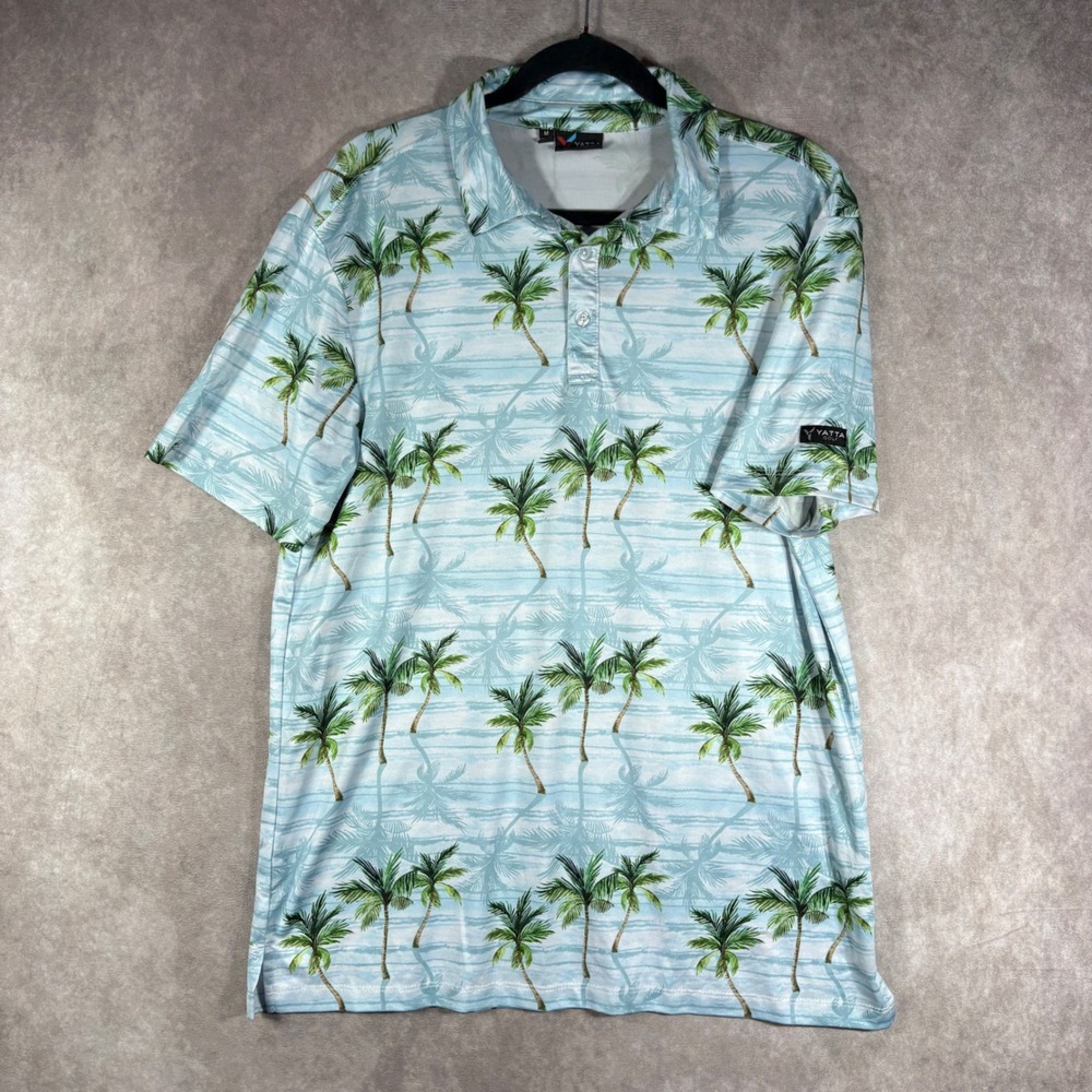 Yatta Golf Polo Shirt Mens Medium Blue Palm Tree Print Short Sleeve Performance